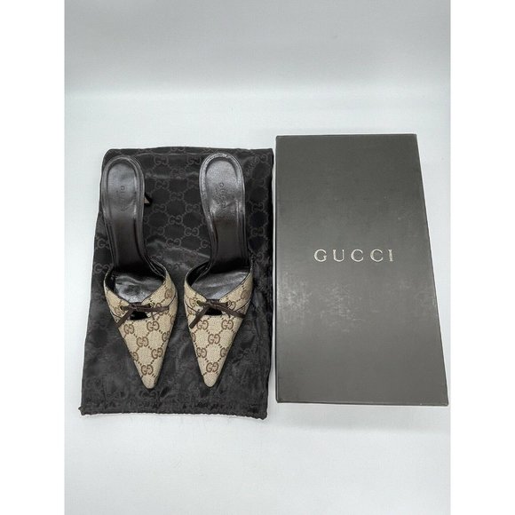 Gucci Shoes - Gucci GG Canvas Monogram Beige Ebony Pointed Mule